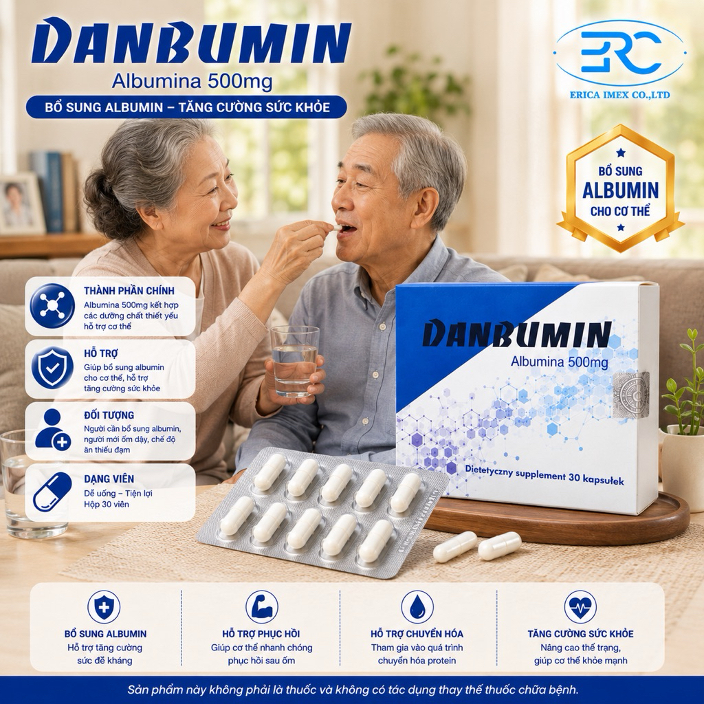Albumina 500mg DANBUMIN Nhập Khẩu Từ Ba Lan – Viên Nang Bổ Sung Albumin Hộp 30 Viên