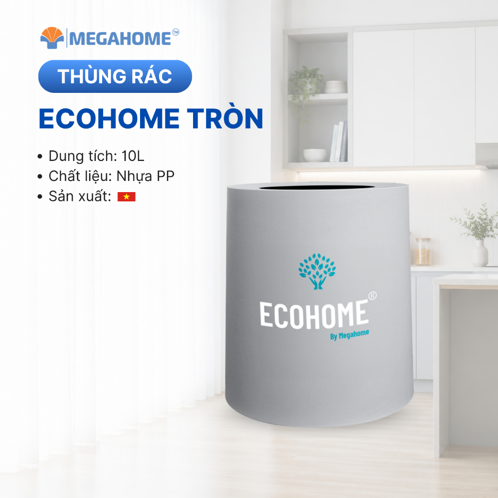 Thùng rác tròn Ecohome dung tích 10L, chính hãng Megahome (màu ngẫu nhiên)