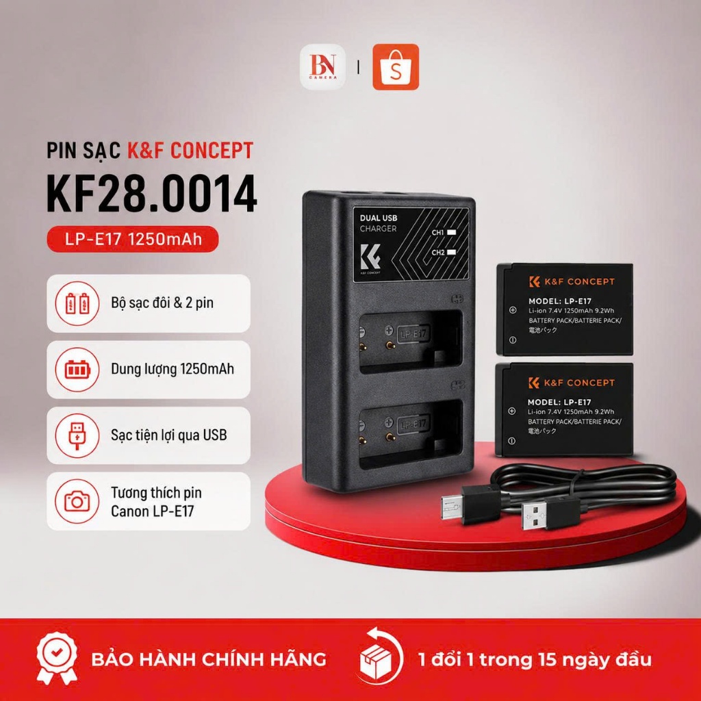 Bộ pin sạc máy ảnh K&F Concept  LP-E17 1250mAH - KF28.0014