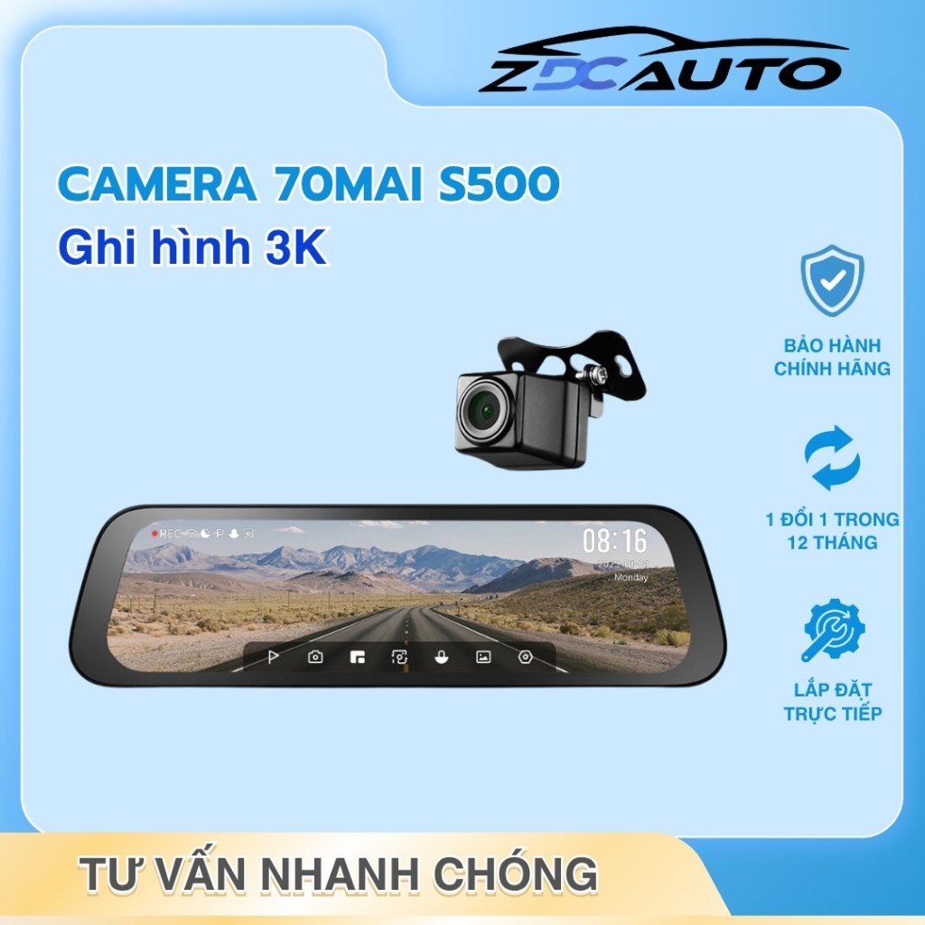 Camera Hành Trình Gương Tràn Viền 70mai S500 Ghi Hình Trước Sau 3K