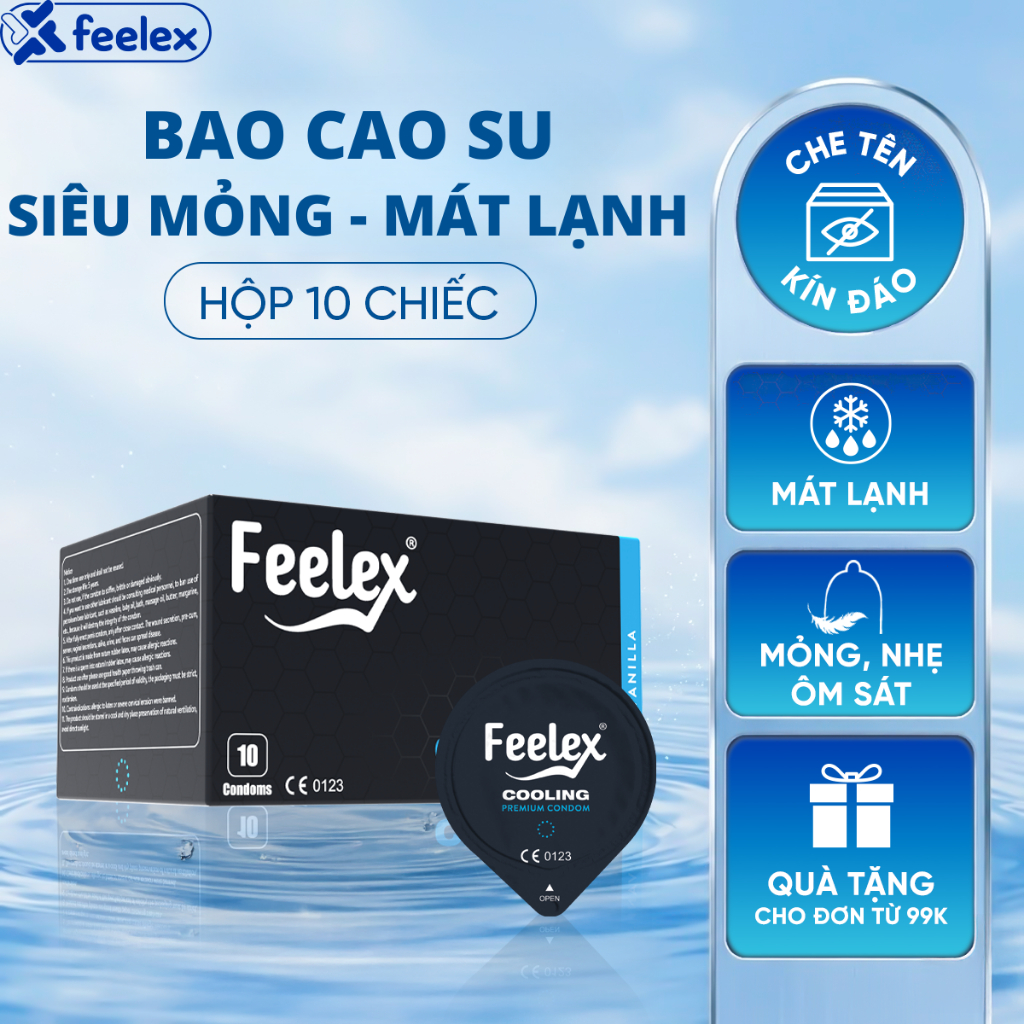 Bao cao su Feelex Cooling siêu mỏng, mát lạnh - hộp 10 bcs
