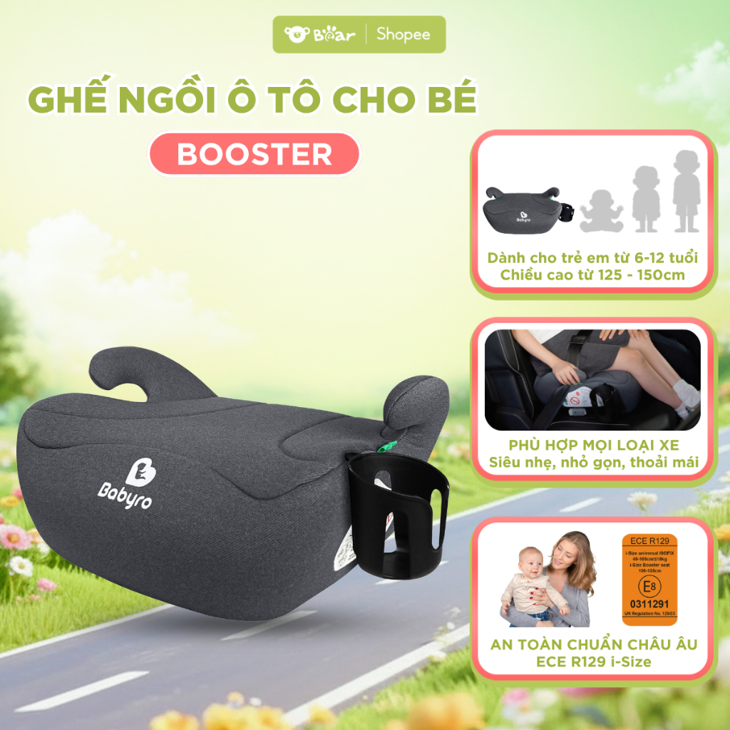 Ghế Ngồi Ô Tô Cho Bé BABYRO BOOSTER Ghế Nâng Chiều Cao Cho Trẻ Em 6-12 Tuổi, Tiêu Chuẩn ECE-R129