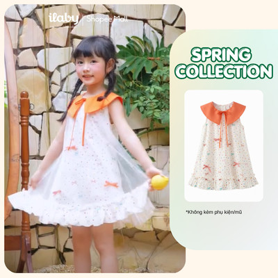 [ILABY 10-40kg] Váy bé gái dáng xòe họa tiết chấm bi cầu vồng phối cổ sen cam đính nơ [3852]