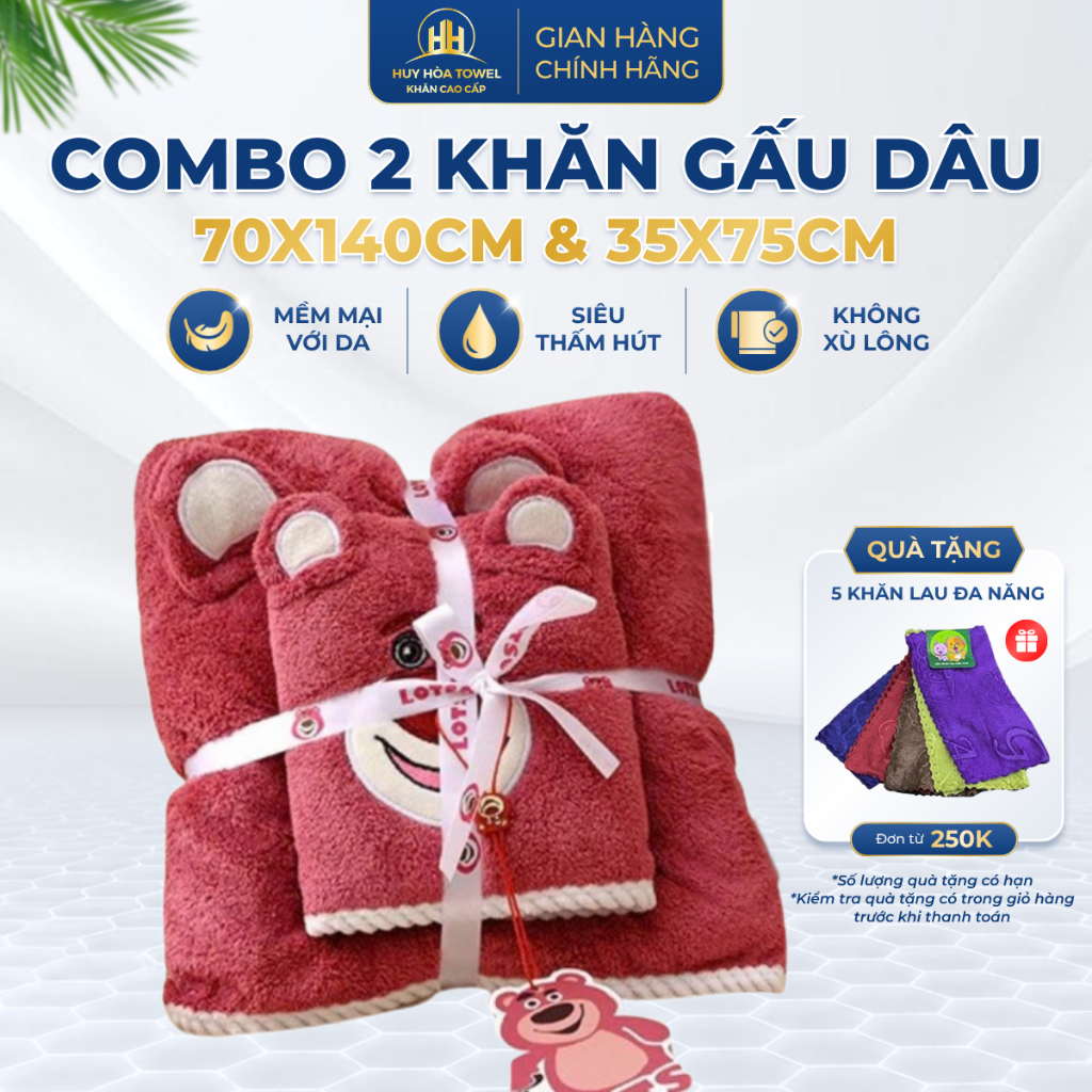 Set Khăn Tắm & Khăn Gội Gấu Dâu LOSTO Cao Cấp 70x140 35x75cm Mềm Mịn, Thấm Hút Tốt, Kèm Túi Zip Du L