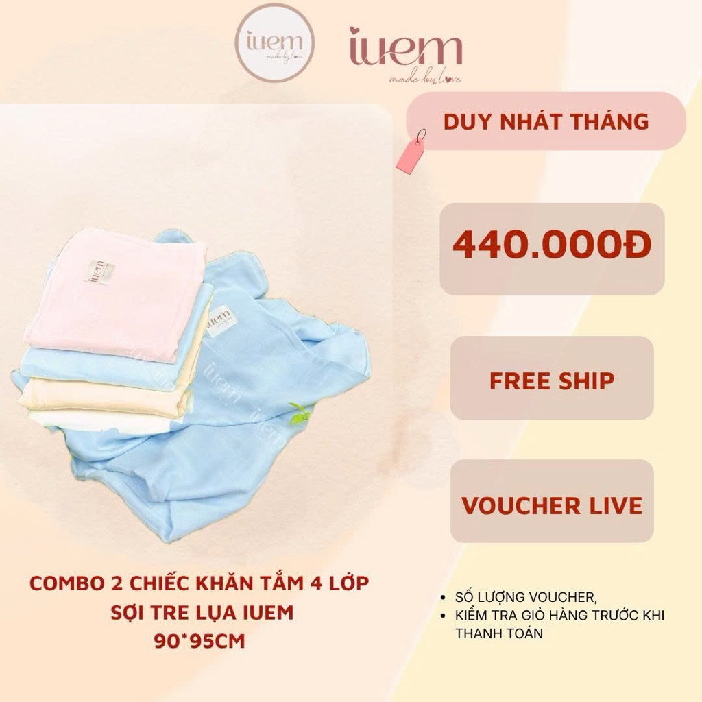 IUEM SIÊU DEAL (tặng 1 cái sữa 2 lớp sợi tre) COMBO 2 CHIẾC KHĂN TẮM SỢI TRE LỤA BAMBOO 4 LỚP KT 90*