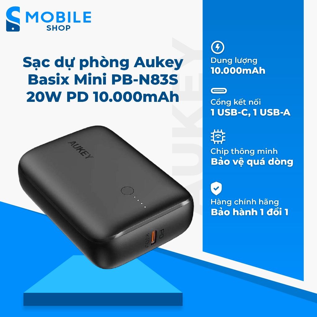 Sạc dự phòng Aukey Basix Mini PB-N83S 20W PD 10.000mAh Chính Hãng