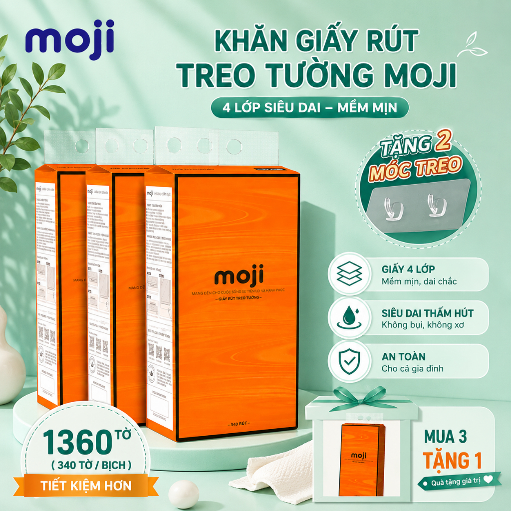 Túi Khăn giấy rút treo tường MOJI, siêu dai và mềm mịn, giấy vệ sinh 4 lớp 1360 tờ