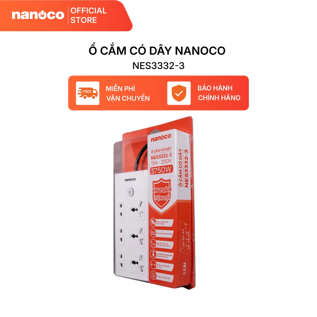 Ổ cắm có dây Nanoco model NES3332 (3 ổ đa năng,3 ổ 2 chấu, 1 công tắc, dây điện 3m và 5m)