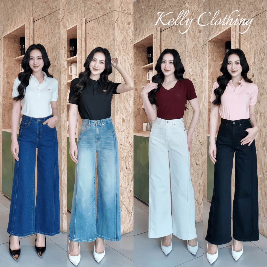 Quần jean nữ ống rộng xếp ly cạp cao đứng form, phong cách Hàn Quốc thanh lịch KELLY NGUYỄN | QJN005