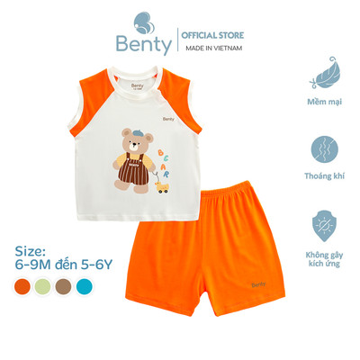 Bộ ba lỗ cài chéo phối màu in hình Bear BT127 BENTY dễ thương thoáng mát mềm mại an toàn cho bé