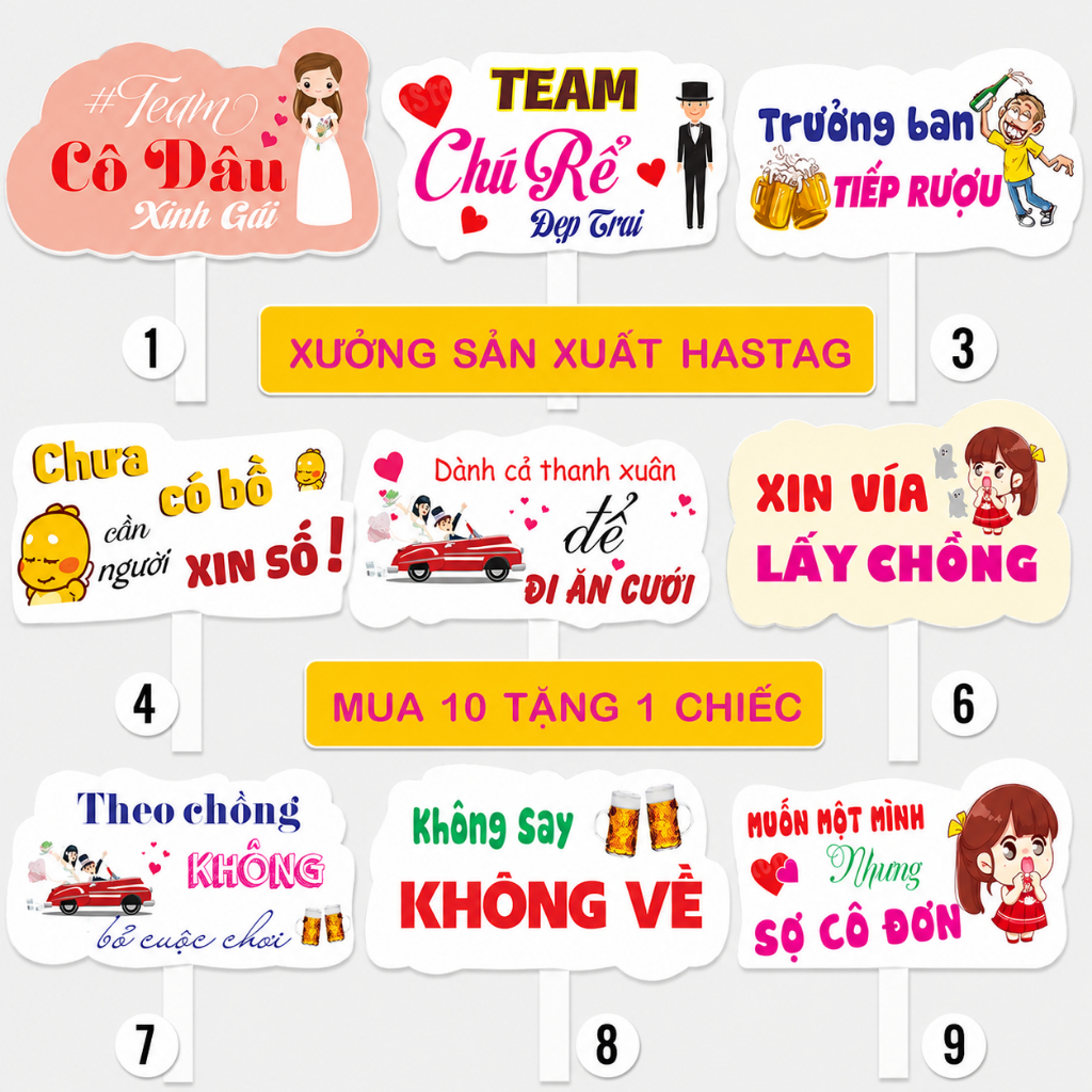Hagtag cầm tay đám cưới, bảng cầm tay đám cưới - Sẵn tay cầm