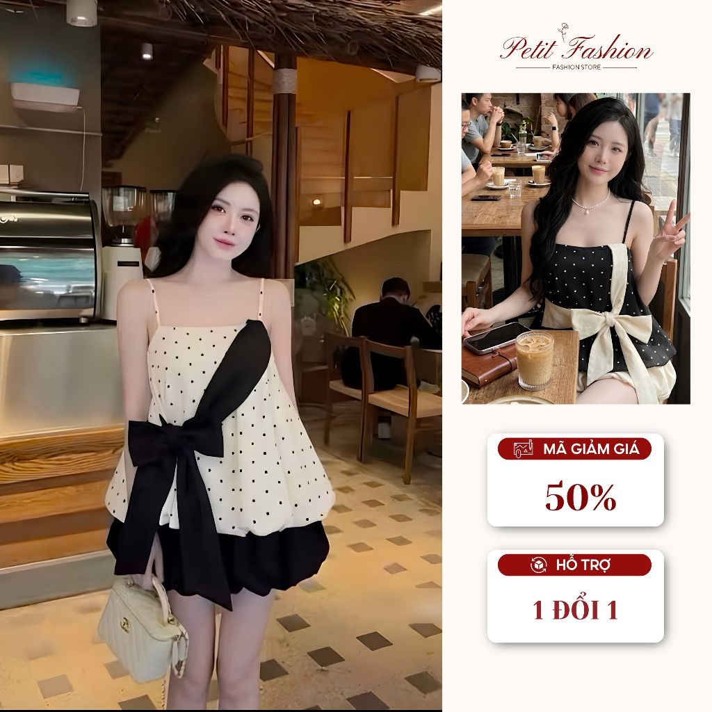 Set 2 dây phối nơ chéo kèm chân váy phồng dễ thương, set 2 dây chấm bi nữ tính đi chơi chụp ảnh