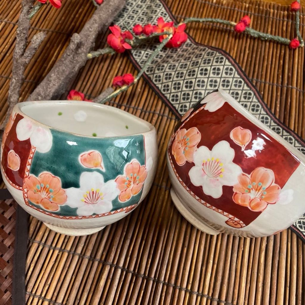 Chawan kutani hoa đào Nhật Bản secondhand - bát đánh matcha - Gốm Nhật