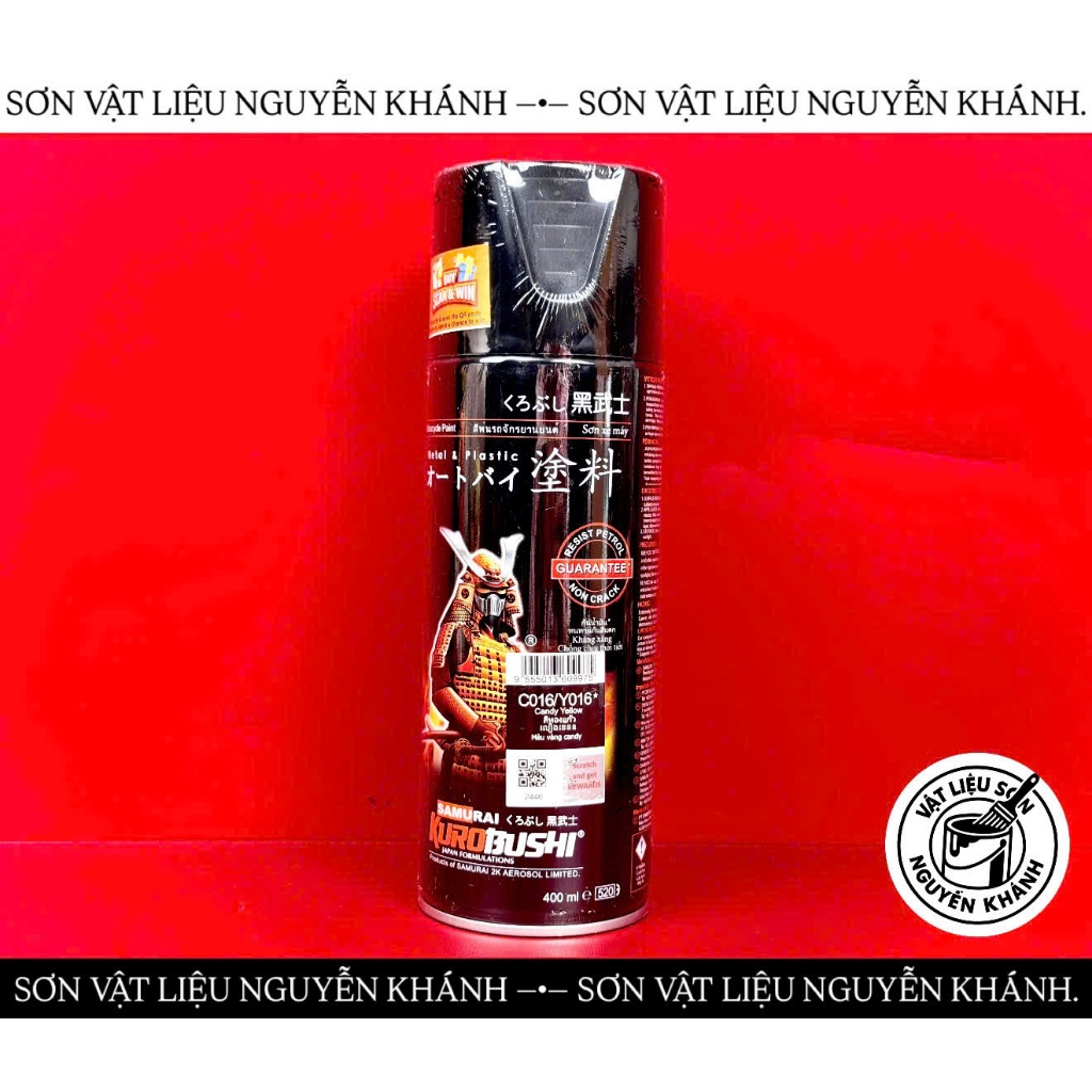 Sơn Xịt Samurai C016/Y016 Màu Vàng Candy 400ml – Sơn Xe Máy, Nhựa, Kim Loại, Màu Vàng Trong Bóng Đẹp