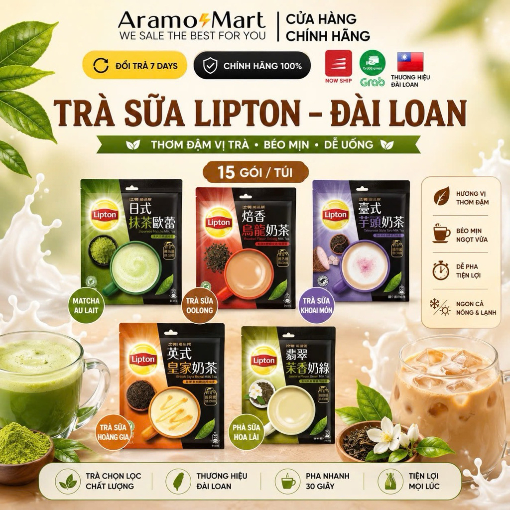 Trà sữa Lipton Đài Loan, Ôlong, Matcha, chuẩn vị Đài thơm hương trà ngon vị sữa các loại 15gói/túi