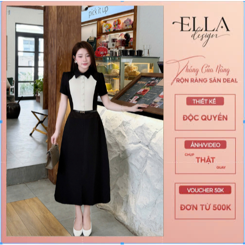 Váy Đầm Thiết Kế Ella Desgin dành cho nữ kiểu dáng váy midi xòe, tay ngắn,Cổ bẻ thân áo phối trắng (