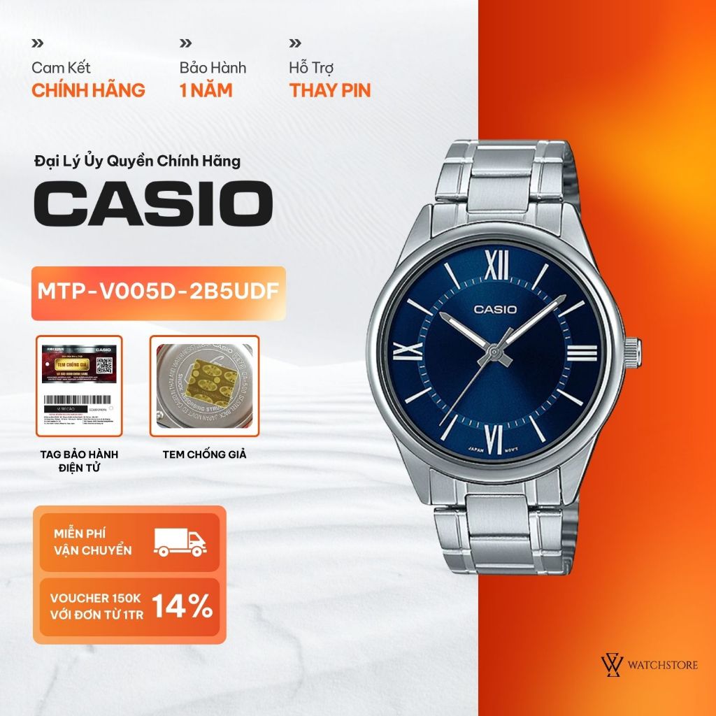 Đồng Hồ Casio Nam MTP-V005D-2B5UDF Mặt Kính Khoáng 40mm Màu Bạc Kim Trắng Dạ Quang Chống Nước Dây Ki