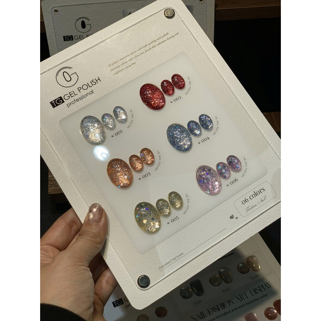 Sơn móng TG Nails gel.Khối lượng tịnh: 10g/ lọ. Nhãn hàng TG nail gel- Com bo 6 màu nhũ Kim TuyếnCB6