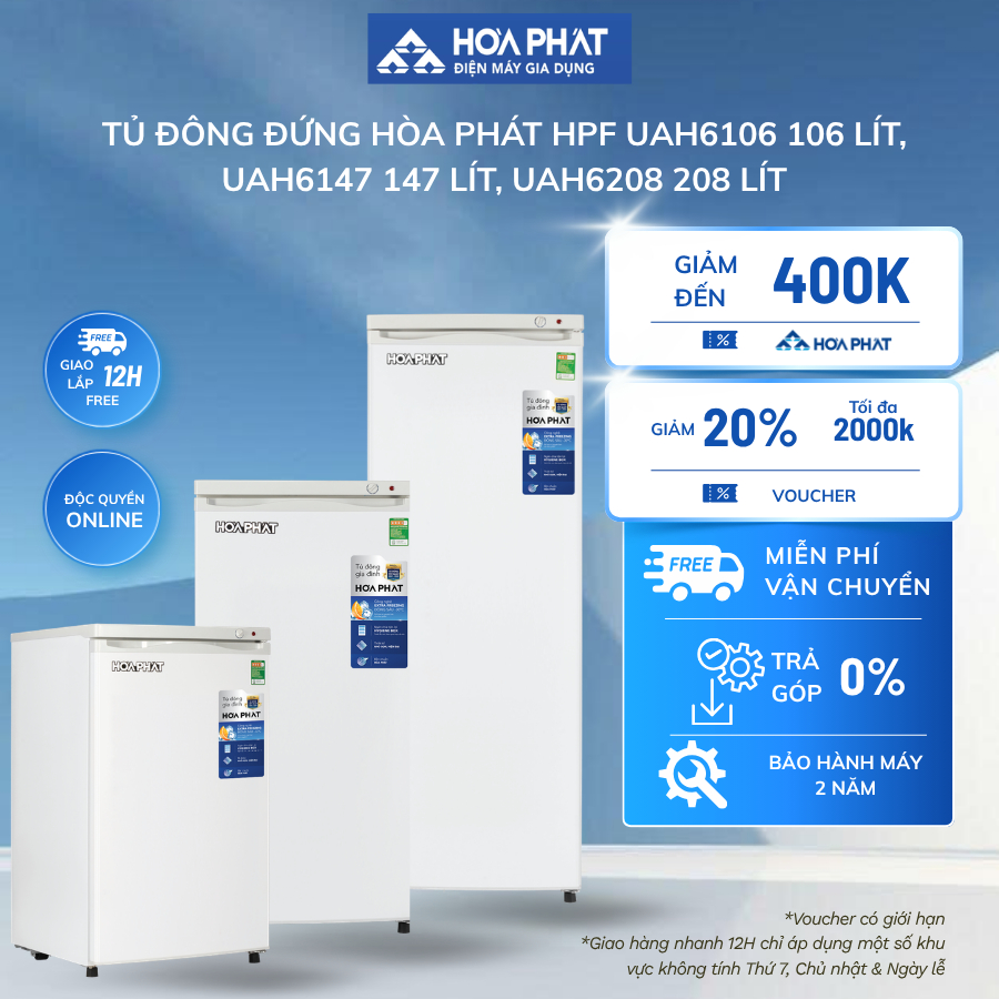 Tủ đông đứng Hòa Phát HPF UAH6106 106 lít/UAH6147 147 lít/UAH6208 208 lít - BH chính hãng 24 tháng