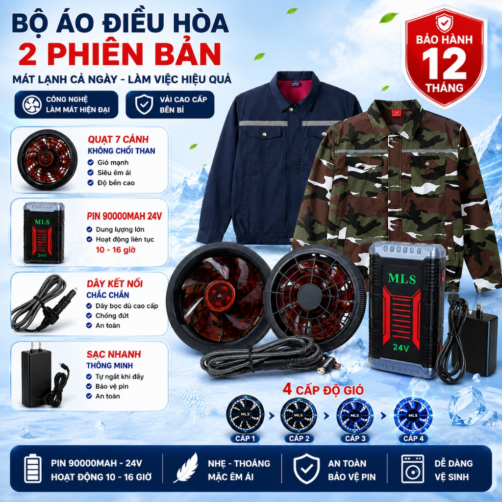 Áo Điều Hòa MLS Chính Hãng, Pin MLS 90000mAh 24V Làm Mát Liên Tục Từ 12-14 Tiếng