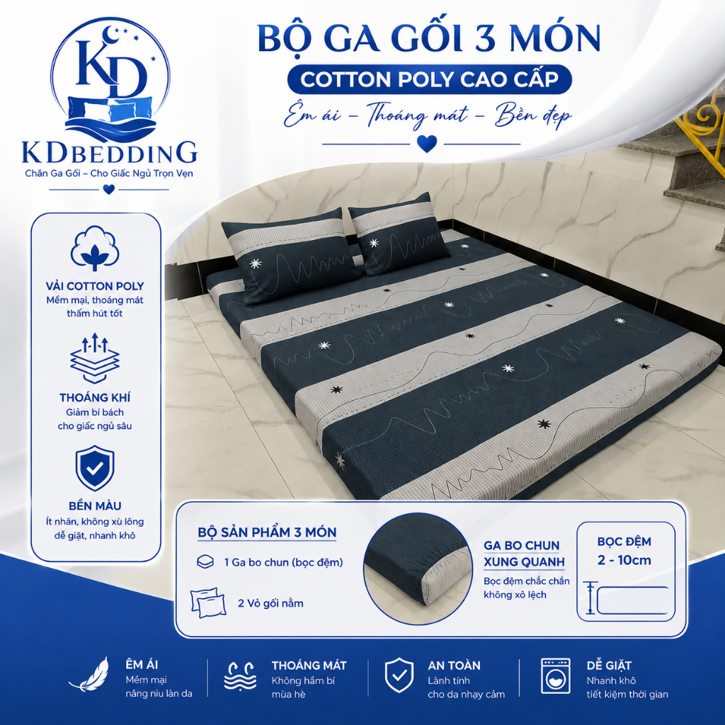 Bộ Ga Gối 3 Món Cotton Poly – 1 Ga Chun + 2 Vỏ Gối Nằm – Bọc Đệm 2–10cm – Không Kèm Chăn Mẫu thỏ trắ