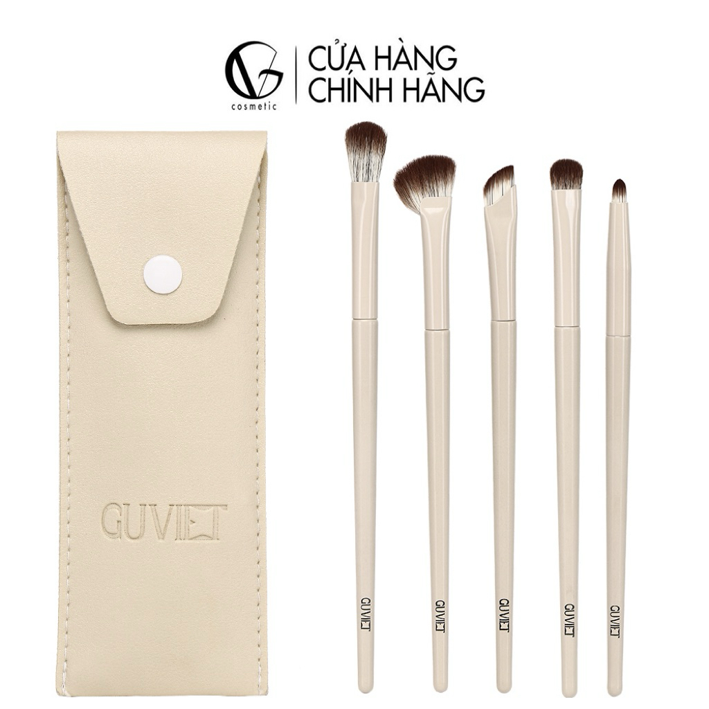 Bộ cọ trang điểm mắt GUVIET màu trắng gồm 5 cọ đi kèm túi da đựng cọ