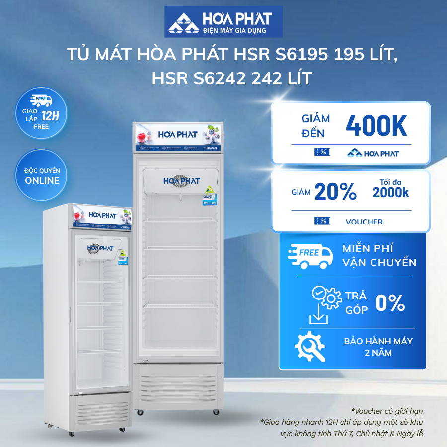 Tủ mát Hòa Phát HSR D6195 195 lít. HSR D6242 242 lít. BH chính hãng 24 tháng