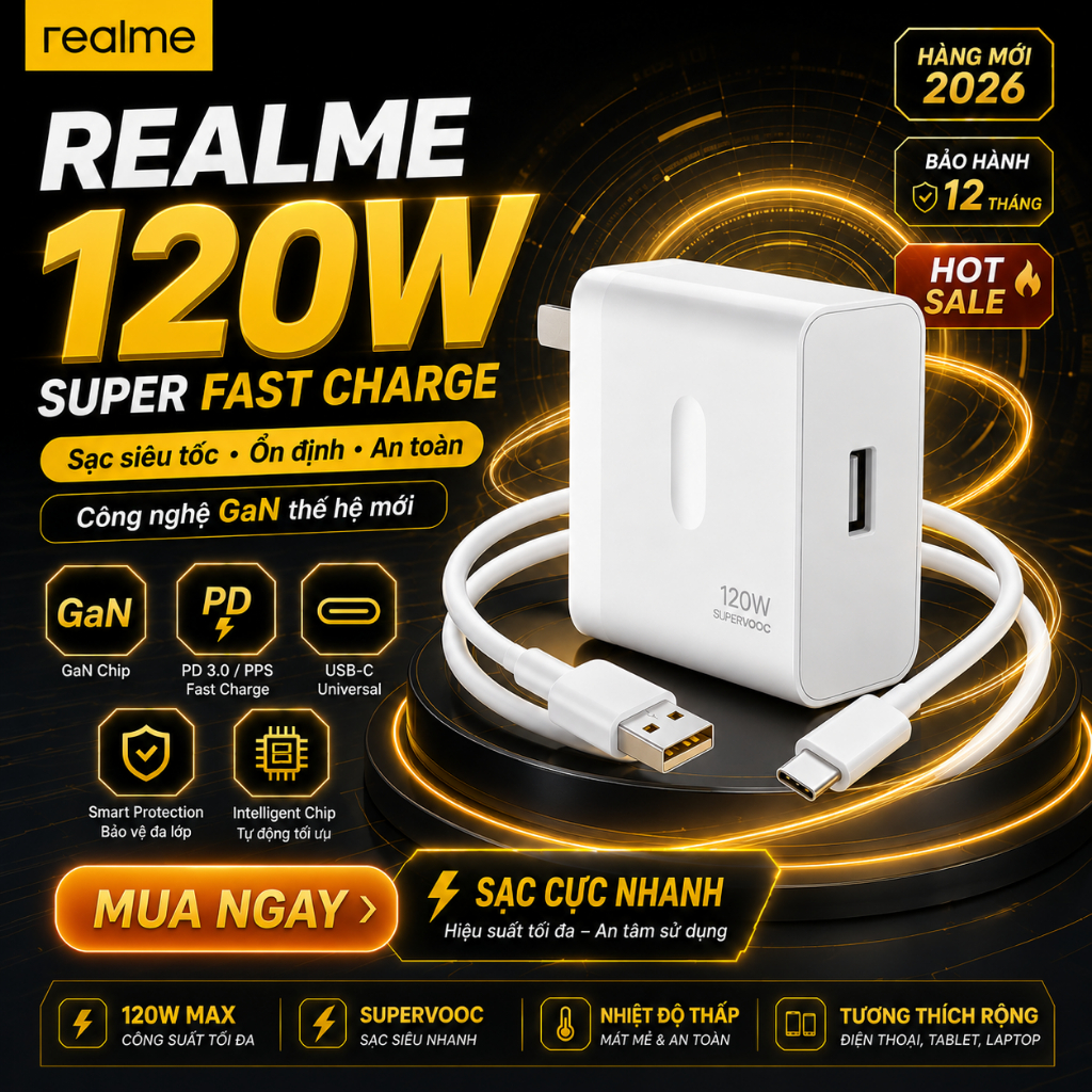 Bộ sạc nhanh VOOC 120W cho Realme GT6/GT7 Pro Cáp sạc 12A