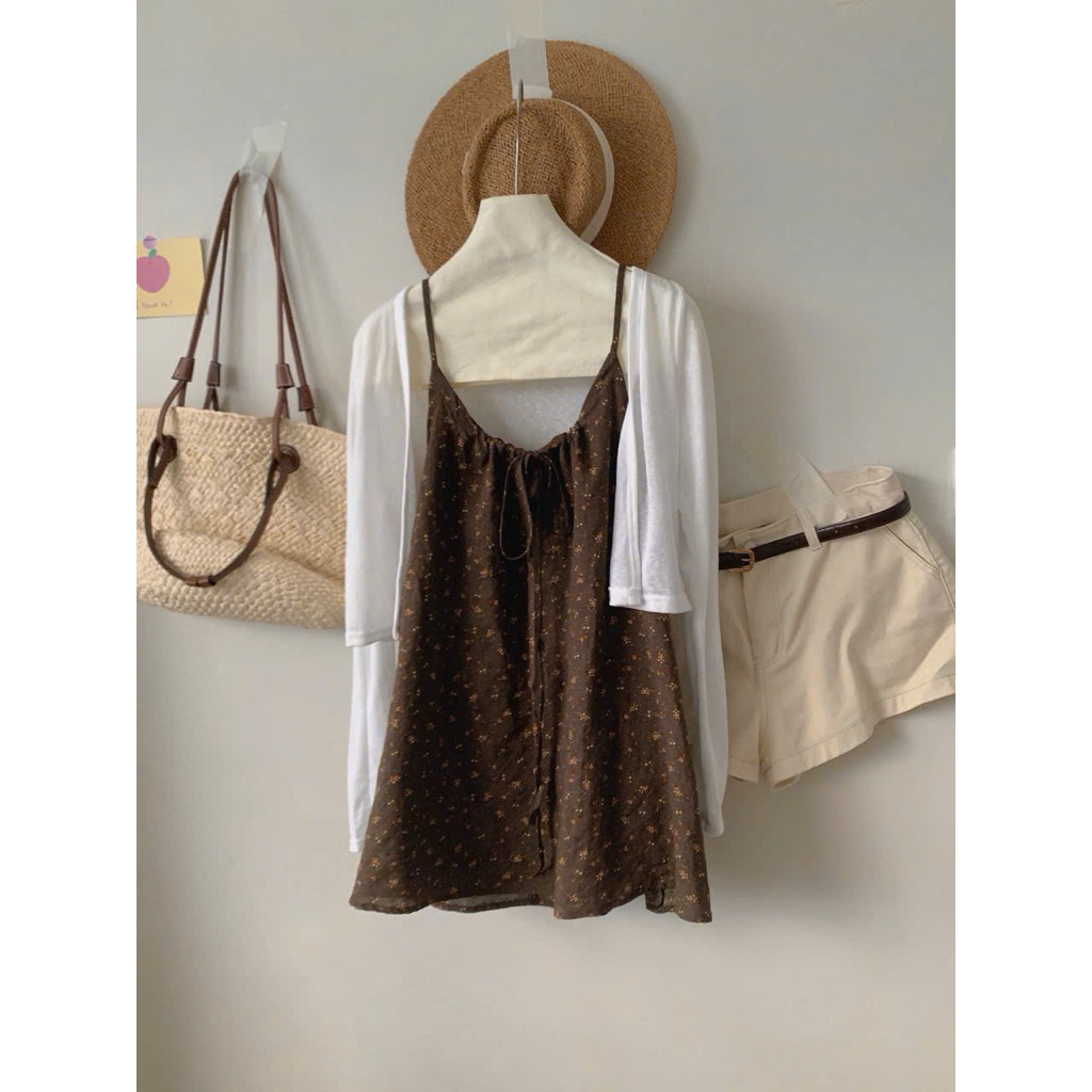 [Hàng Chuẩn QC] Set váy hai dây babydoll hoa lá hồng kèm áo cardigan mỏng khoác ngoài siêu xinh A5664 | BigBuy360 - bigbuy360.vn