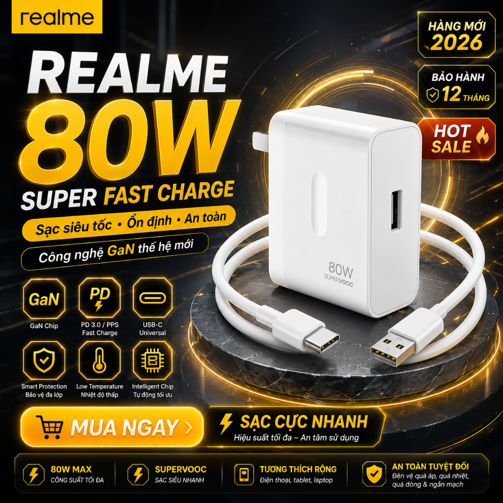 Bộ sạc nhanh 80W - 10V | 8A cho Realme Q5 pro | GT neo 3 củ sạc nhanh Super DART