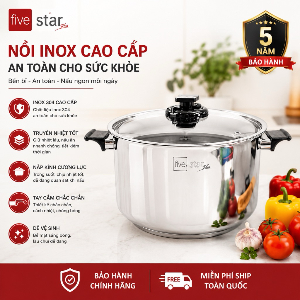 Nồi luộc gà 3 đáy Inox 304 Fivestar Plus 30cm quai nhựa nắp inox bảo hành 12 tháng