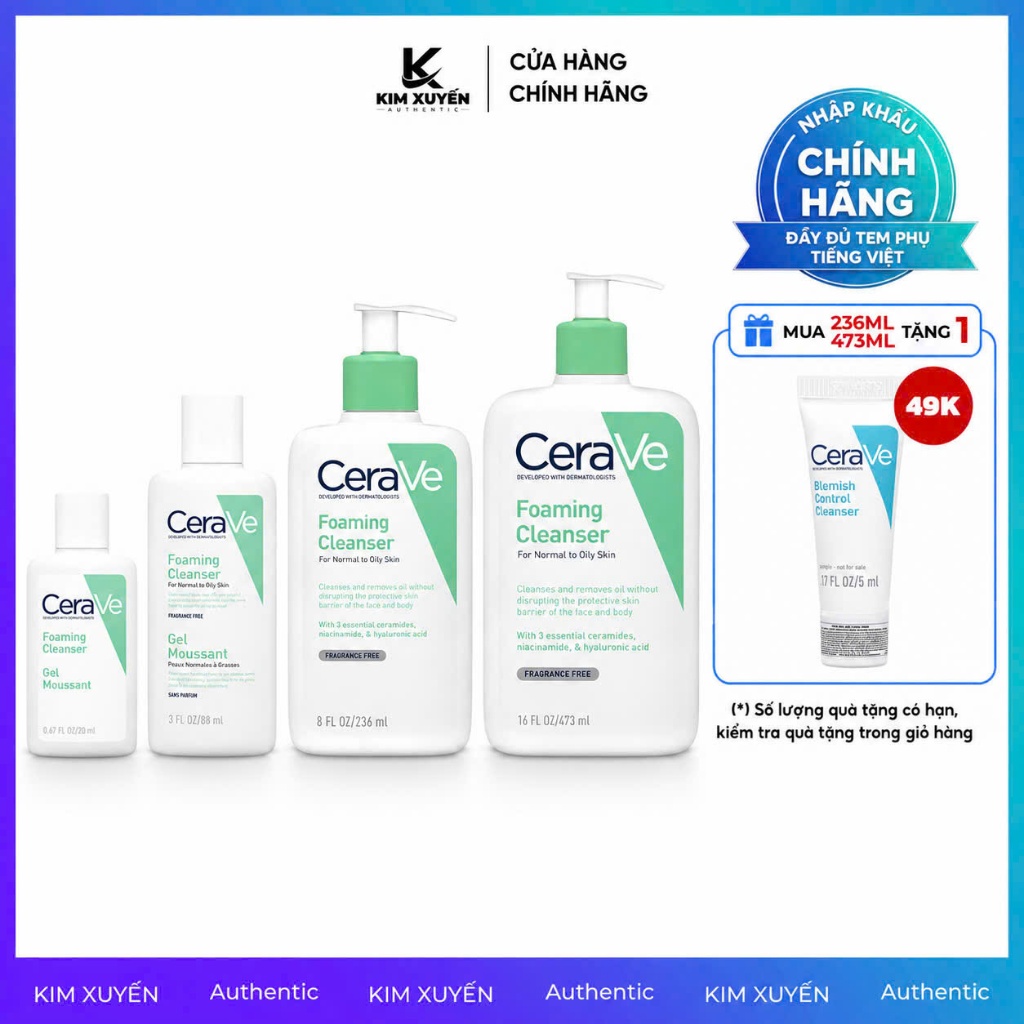 [MUA 236ML/473ML TẶNG 1 SRM 5ML] [XANH NGỌC - DA DẦU] Sữa rửa mặt Cerave Foaming Cleanser 30ML/88ML/