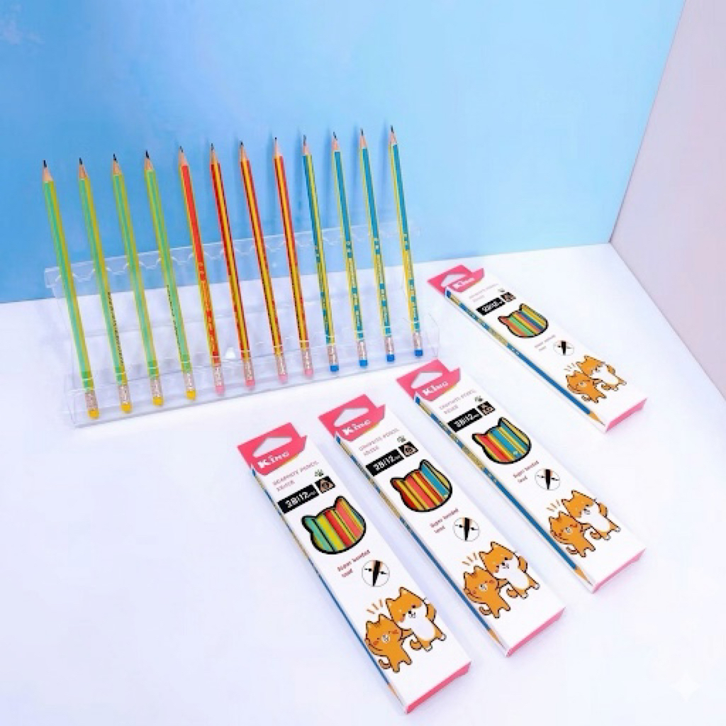[6368] HỘP 12 Cây Bút Viết Chì Gỗ 2B Thân Sọc Đen Nhiều Màu, Nét Đậm Khó Gãy King/ 6368 Có Gôm, Gỗ C