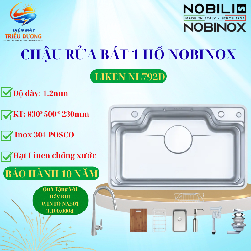 CHẬU RỬA BÁT 1 HỐ NOBINOX LIKEN NL792D – inox 304 POSCO, bề mặt hạt Linen chống xước