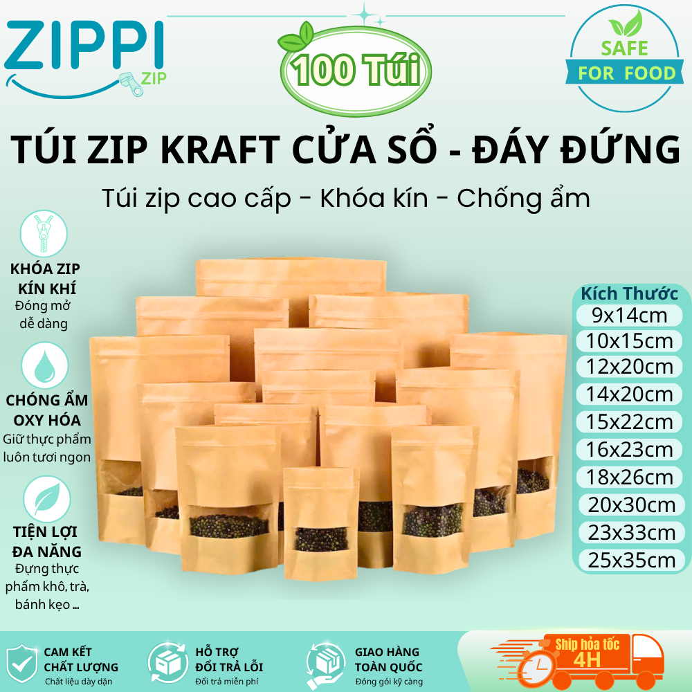 [100 Túi] Túi zip giấy Kraft Nâu đáy đứng ô cửa sổ chống thấm nước, Túi khóa kéo bảo quản thực phẩm _ Zippi