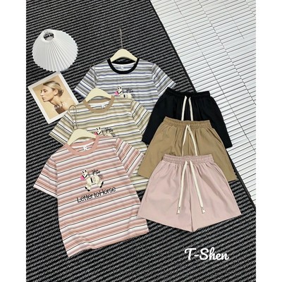 Bộ Đồ Thun Nữ Áo Cộc Tay Quần Short Họa Tiết Kẻ Sọc Chữ Letter – Bộ Đồ Nữ Dễ Thương Mặc Nhà Đi Chơi