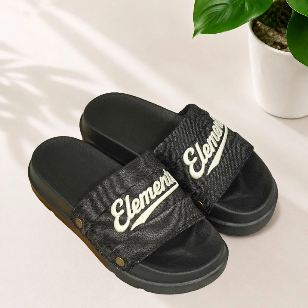 E18 - Dép ELements Iconic Denim Unisex chữ thêu - (Slipper) Dép Elements vải jean đế bằng