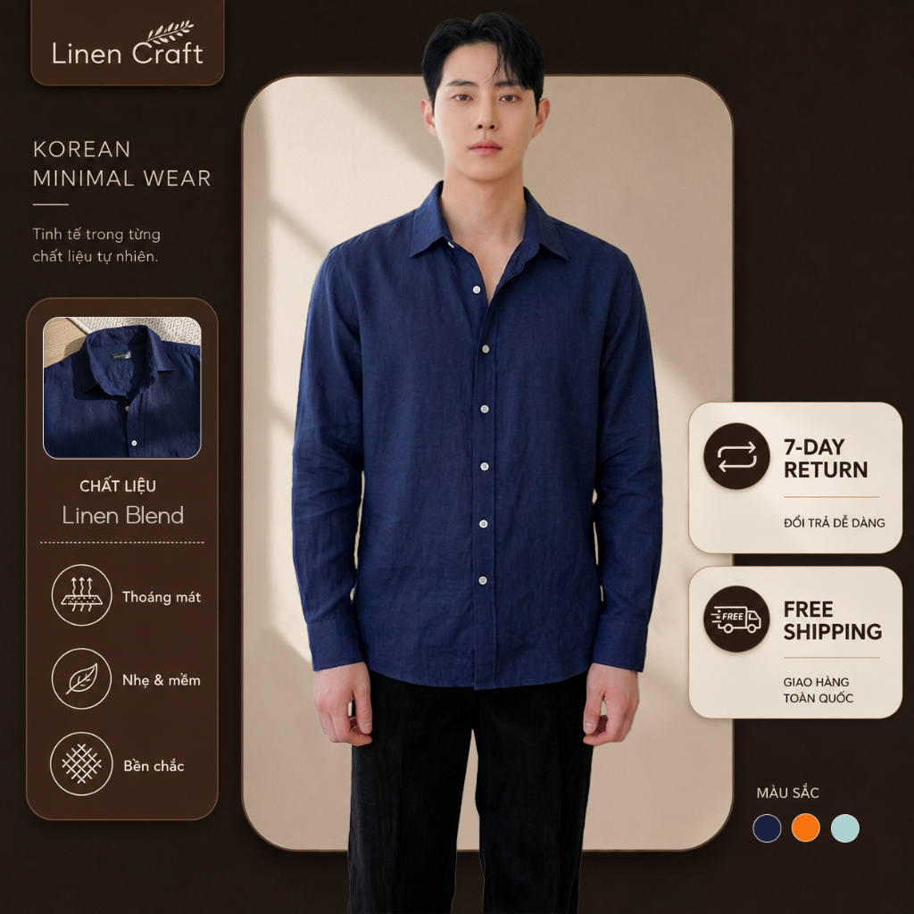 Áo sơ mi linen basic tay dài form regular | Sage green, Orange, Navy - LINEN CRAFT
