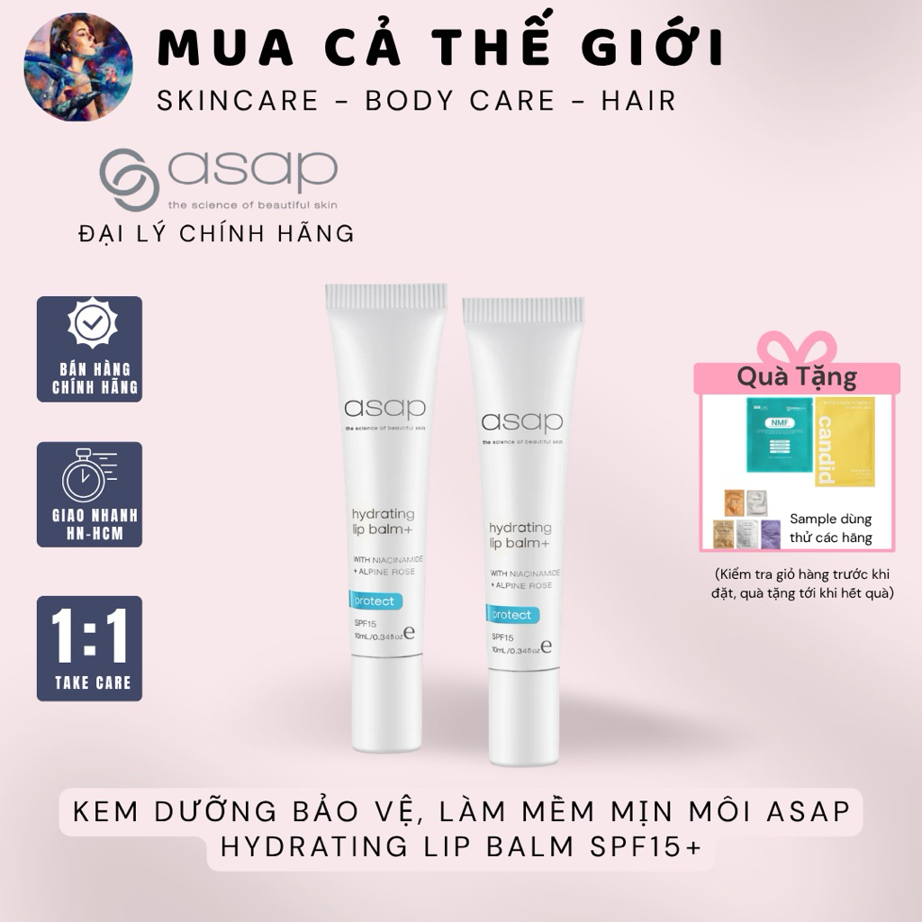 [HÀNG CÔNG TY]Kem dưỡng bảo vệ, làm mềm mịn môi Asap Hydrating Lip Balm SPF15+ giúp làm hồng môi 10m