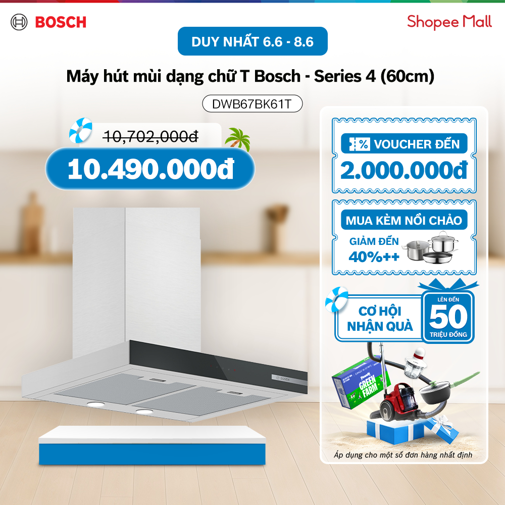 06.06 - 08.06 | Voucher Shopee lên đến 3tr | Máy hút mùi gắn tường dạng chữ T Bosch DWB67BK61T - Ser