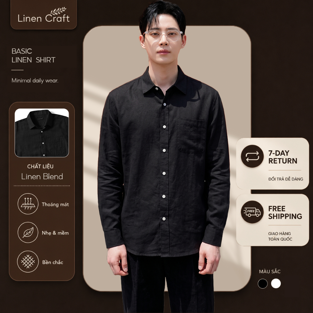 Linen Craft  Áo sơmi nam linen basic tay dài màu đen - trắng - xanh ngọc