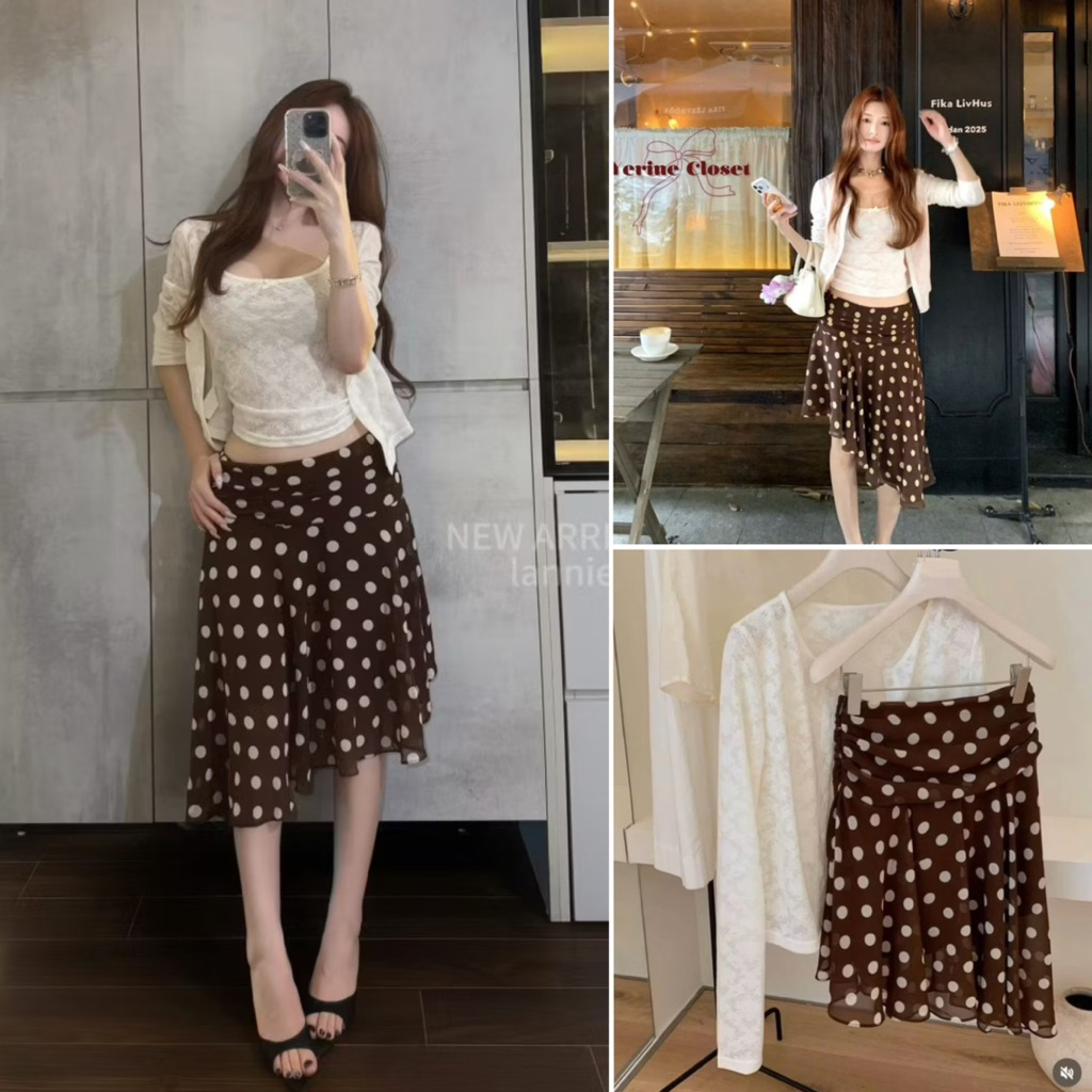 [JYNNA SET sẵn ship] Set áo 2 dây ren đính nơ kèm khoác mix chân váy chấm bi nâu lệch tà cách điệu | BigBuy360 - bigbuy360.vn