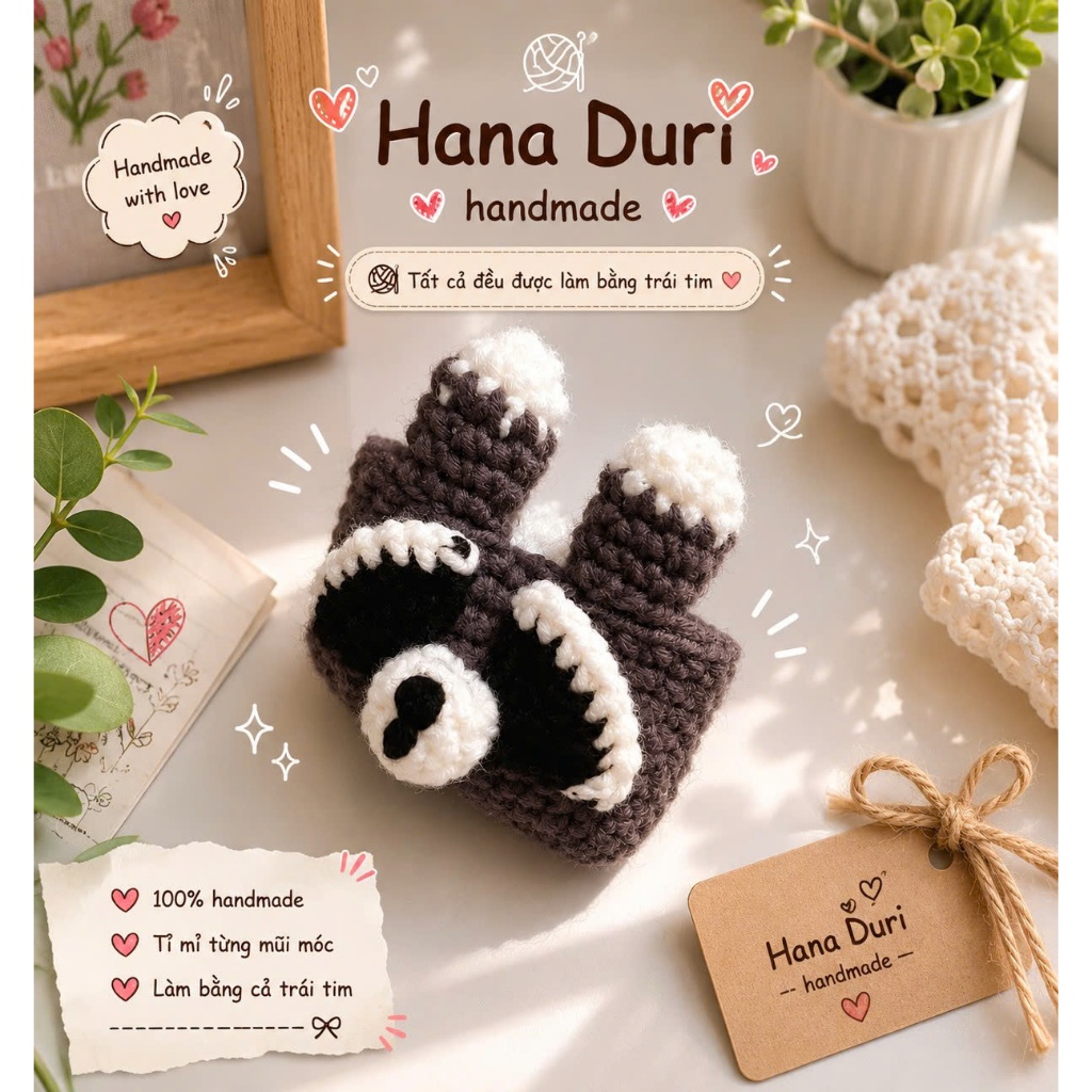 Ốp airpod Racoon móc len - Hana Duri - hàng handmade 100%