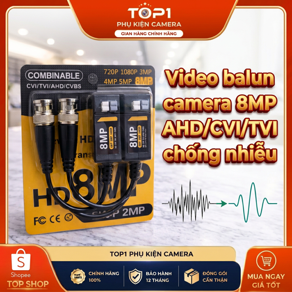 Video balun camera 8MP AHD/CVI/TVI chống nhiễu, balun vàng 8MP