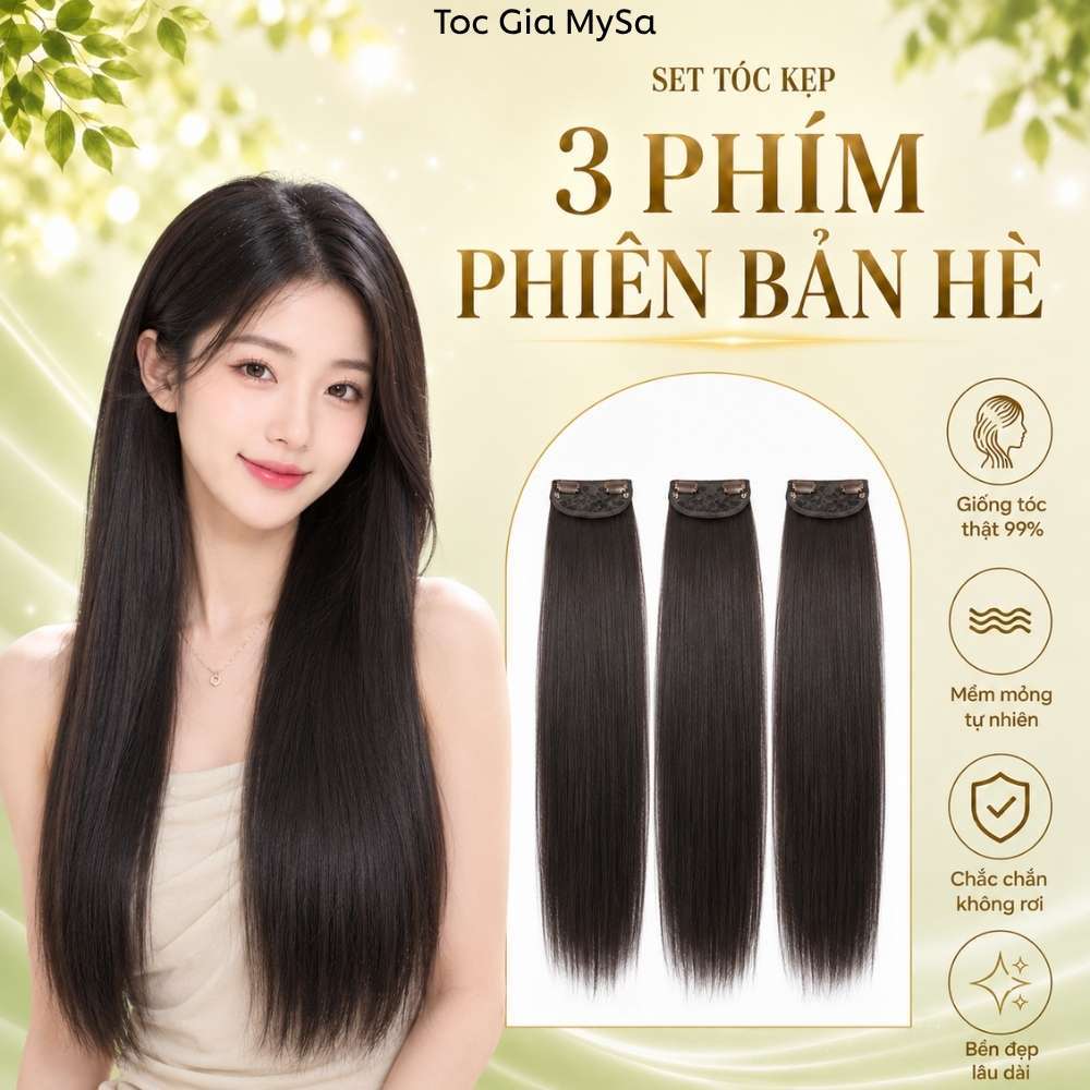 Tóc giả kẹp 3 phím thẳng 60cm nhẹ, thoáng, làm dày tóc mỏng, không lộ phím, chịu nhiệt phiên bản hè