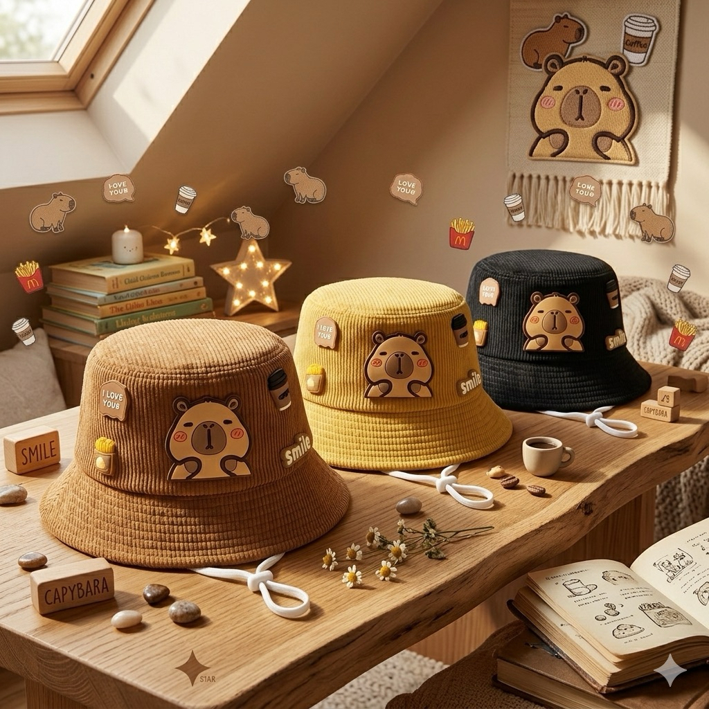 🌟 NÓN TAI BÈO CAPYBARA BỘ TRƯỞNG NGOẠI GIAO - MŨ BUCKET NHUNG TĂM CÓ QUAI RÚT CHO BÉ 🌟