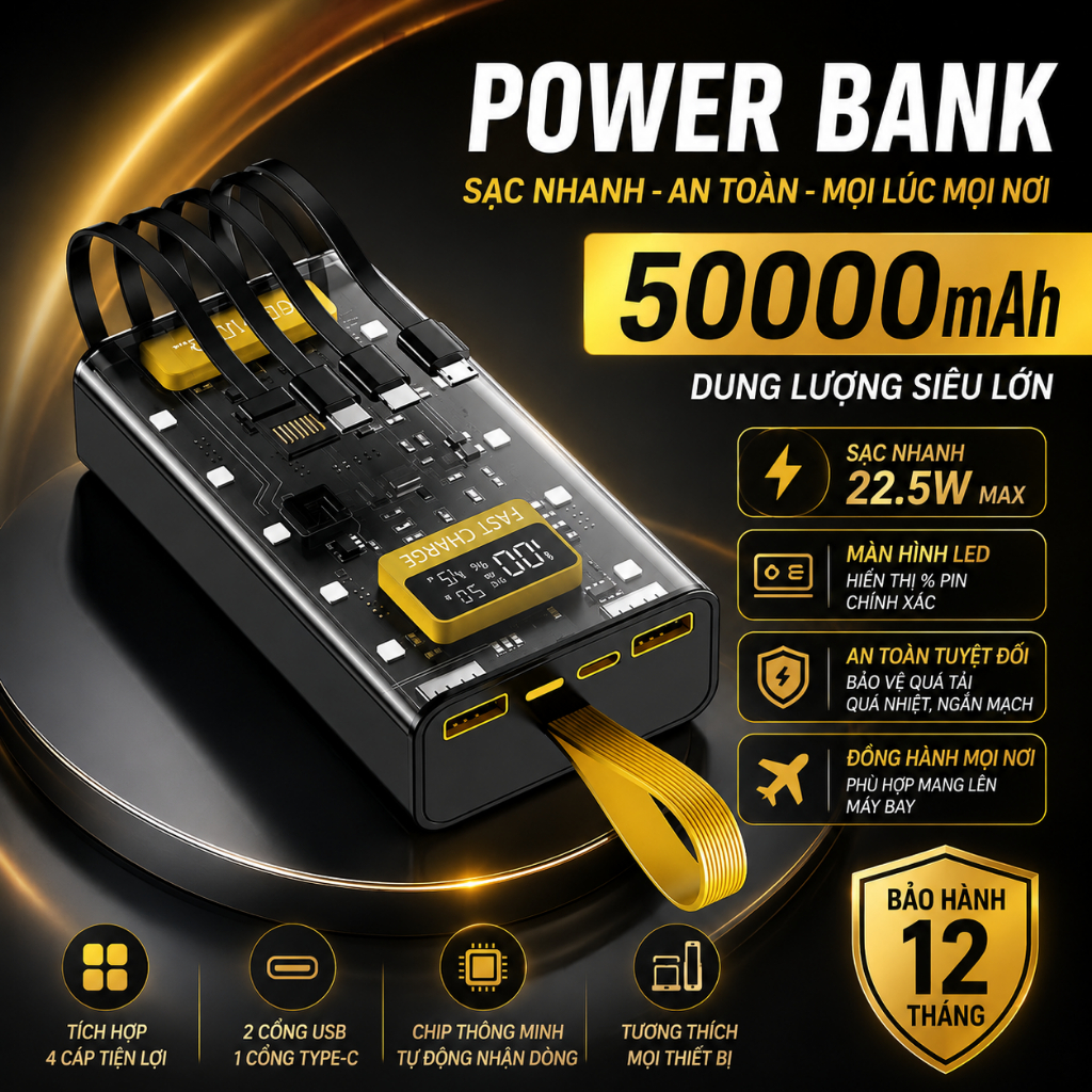 Sạc Dựng Phòng Trong Suốt 30000mAh Với 2 Cổng Sạc Nhanh 22.5w và PD 20W Kèm 4 Đầu Sạc Màn Hình LED