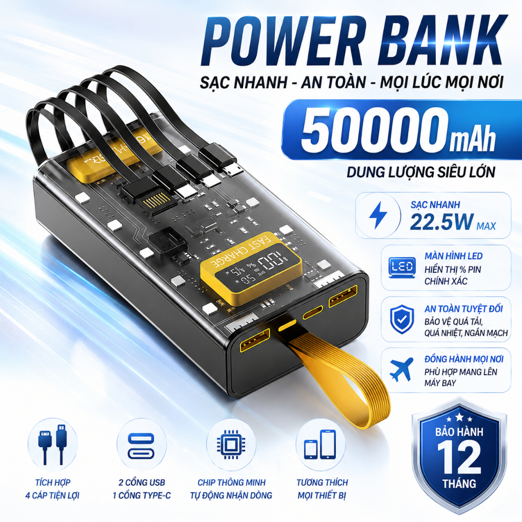 Sạc dự phòng 20000 30000MAH sạc nhanh PD120W/20W trong suốt tích hợp 4 dây sạc tích hợp đèn led SP1