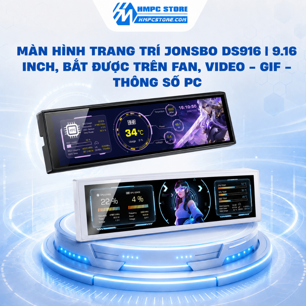 Màn hình trang trí Jonsbo DS916 | 9.16 inch, Bắt được trên fan, Video - GIF - Thông số PC, BH 12TH