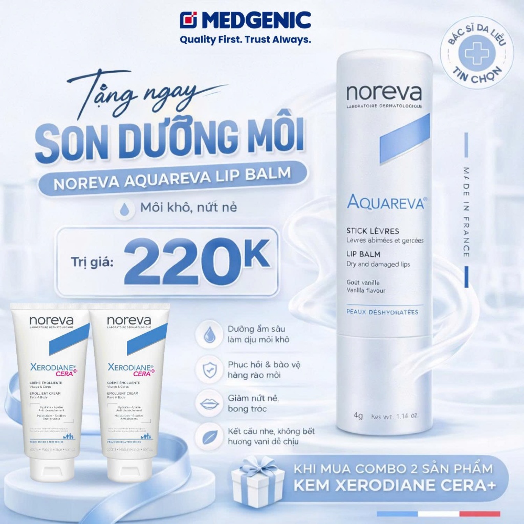 Combo 2 Kem Dưỡng Ẩm, Giảm Ngứa Cho Viêm Da Cơ Địa Noreva Xerodiane CERA+ Emollient Cream (200ml) Tặ